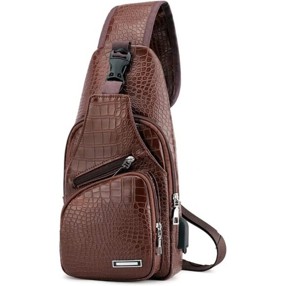 💫 Men Brown Leather Crossbody Bag Campus Travel USB Charging Port Backpacks - Picture 1 of 6